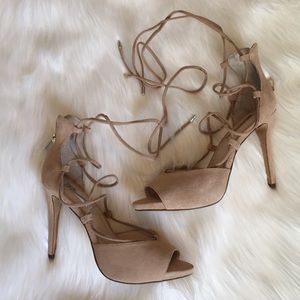 INC suede open toe heels